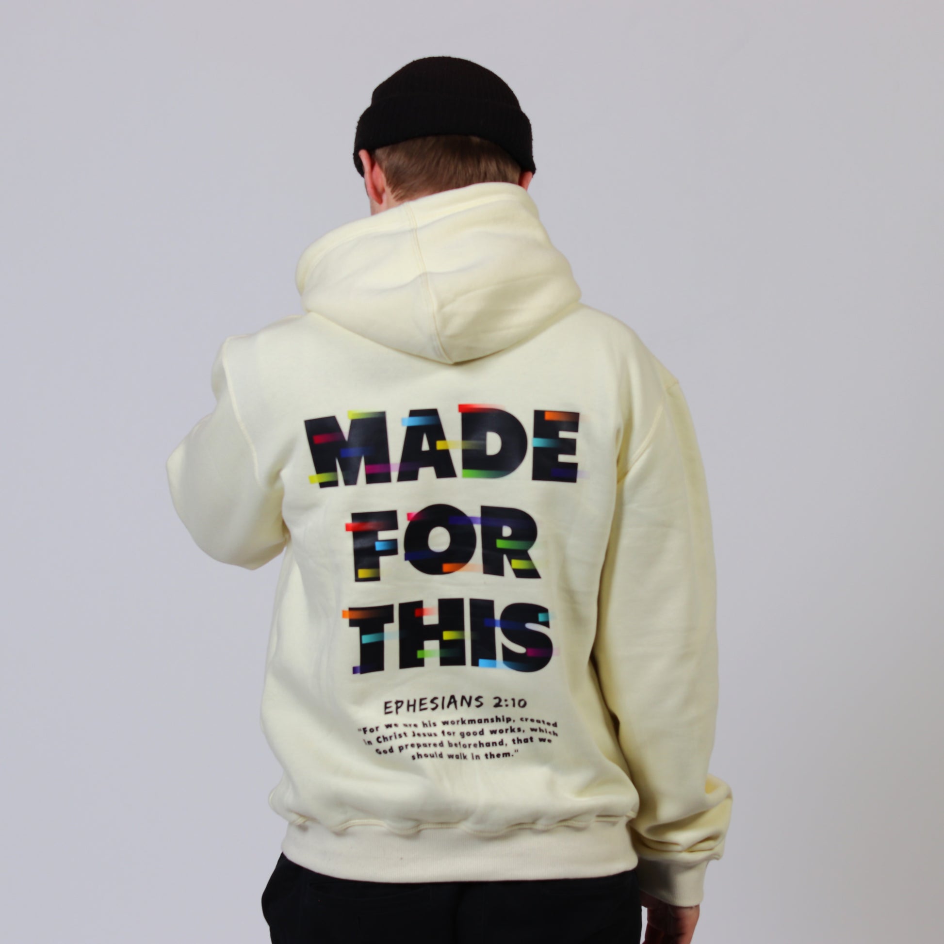 Back of our made for this hoodie, cream colored